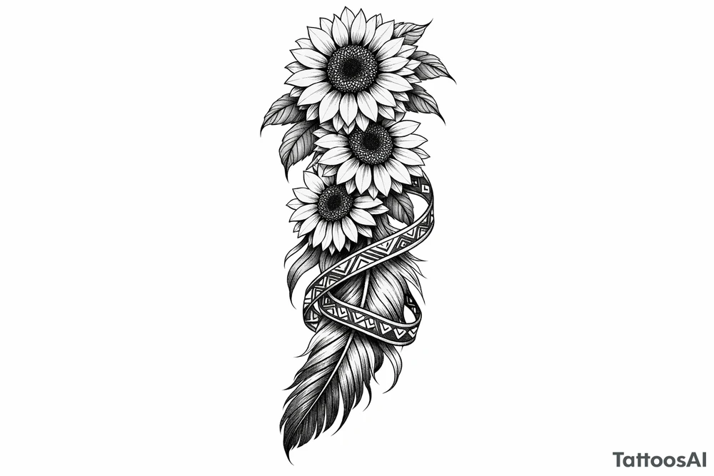 3 cascading Sunflowers on top of an Indian feather all wrapped in Indian ribbon tattoo idea