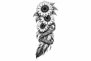 3 cascading Sunflowers on top of an Indian feather all wrapped in Indian ribbon tattoo idea