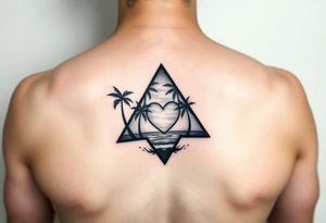 A triangle with a heart in the center and a ocean with palm trees in background tattoo idea