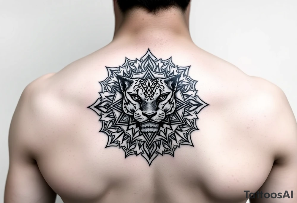 intricate mandala with a sacred panther with geometry and cosmic elements tattoo idea