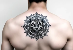 intricate mandala with a sacred panther with geometry and cosmic elements tattoo idea