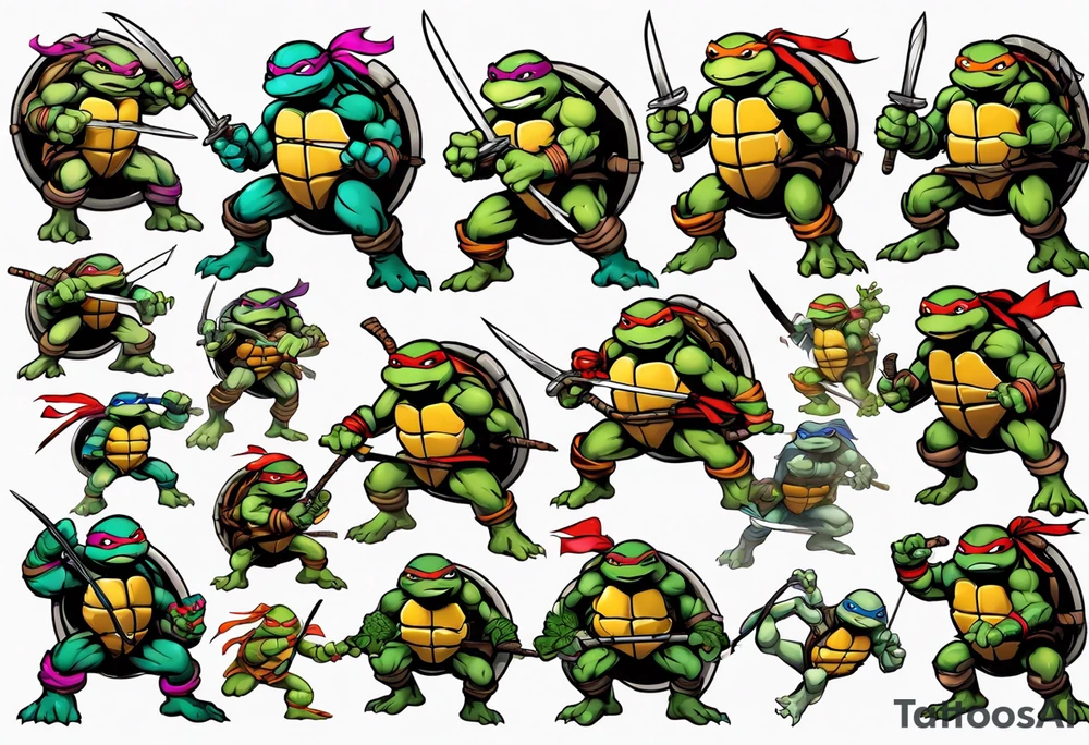 teenage mutant ninja turtles fighting with floral accents tattoo idea