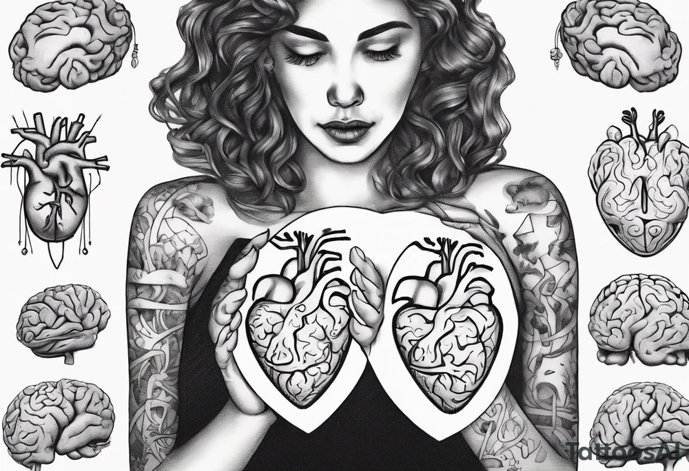 Heart and brain in line art, held down by a woman's hand holding them by string tattoo idea