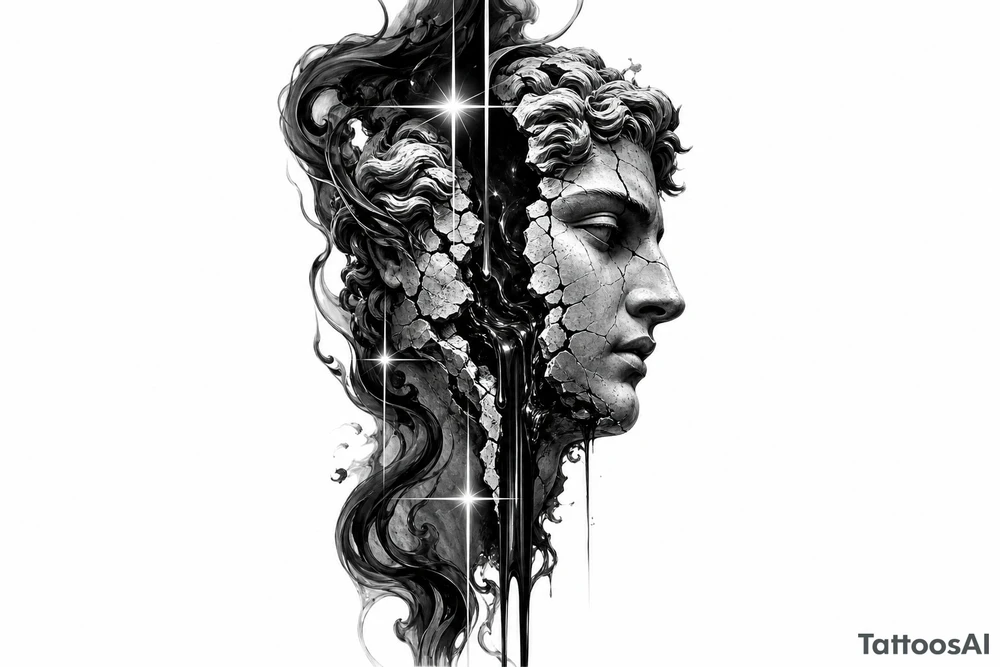Black and grey tattoo design of a broken marble statue face split down the middle, side view profile, realistic shattered porcelain effect, dark wispy smoke and liquid pouring out of the cracks, Chicano tattoo shading, heavy blackwork background, sharp 4-point sparkle stars, high contrast, clean white background, detailed tattoo stencil style tattoo idea