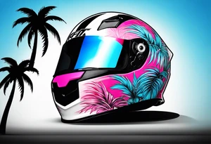 Formula 1 helment with a palm tree and black pink and light blue color tattoo idea