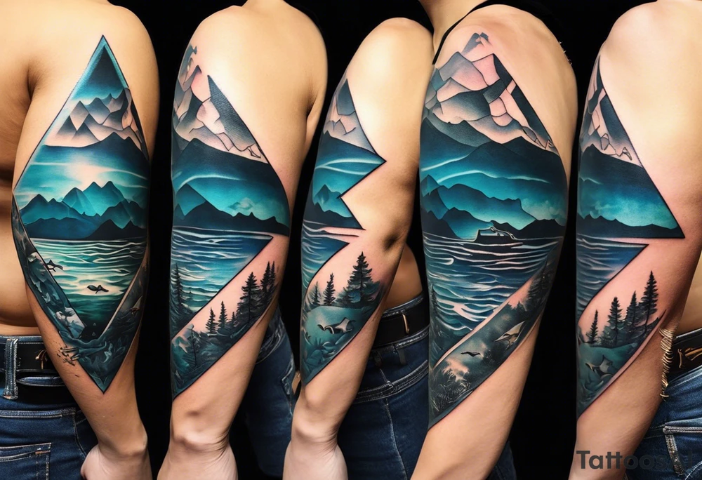 This is a minimalistic tattoo split into 2 distinct sections; a top half and a bottom half. The top half is a mountain in Norway with a windy mountain bike trail wrapping around the mountain. The bottom half of the tattoo depicts an underwater ocean scene, featuring water and sea life including a manta ray and sea turtle. tattoo idea