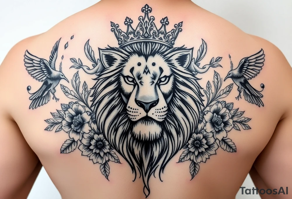 powerful majestic lion with a crown, surrounded by floral ornaments and birds tattoo idea