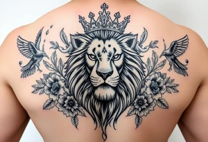 powerful majestic lion with a crown, surrounded by floral ornaments and birds tattoo idea
