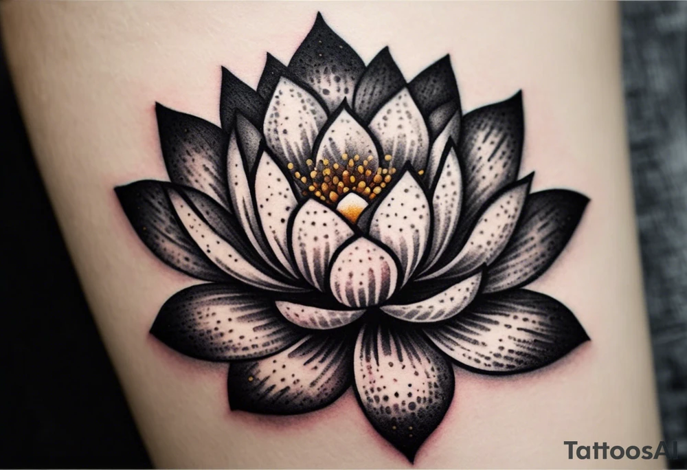Create a Dotwork tattoo design featuring a lotus flower as the central element. The flower should have detailed, symmetrical petals with soft gradients created using dot shading. Behind the lotus, add a bold, tilted scar running diagonally, with slightly jagged edges and tapering ends. The scar should contrast subtly with the dotwork texture, appearing as a distinct yet integrated element. Use fine dots to create depth and texture while avoiding excessive linework tattoo idea