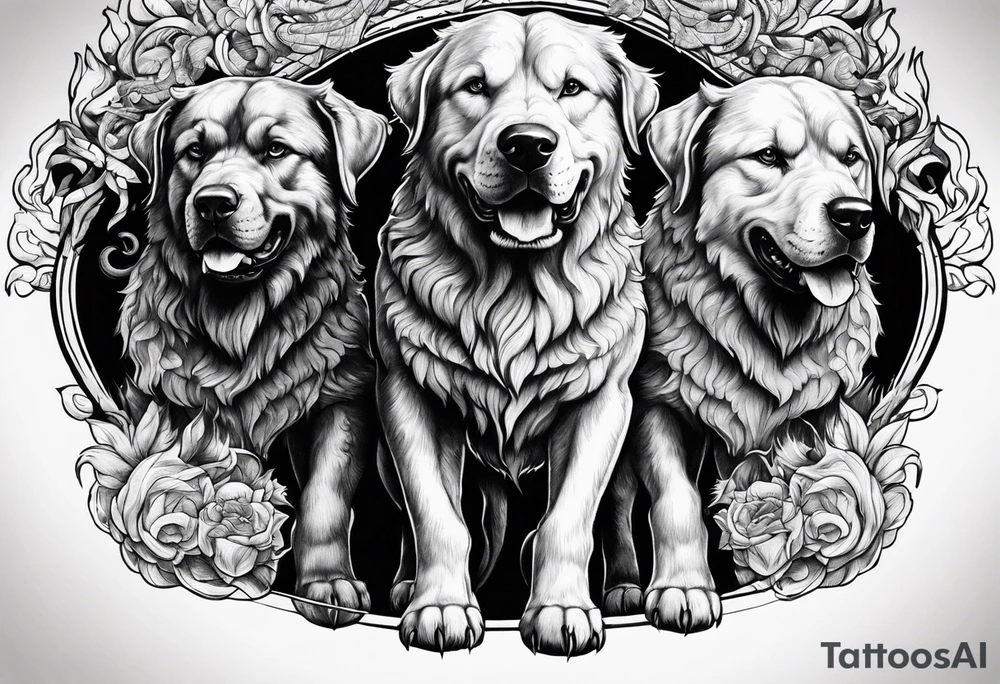 Cerberus standing in fire with a black gate behind tattoo idea Cerberus standing in fire with a black gate behind tattoo idea