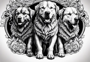 Cerberus standing in fire with a black gate behind tattoo idea