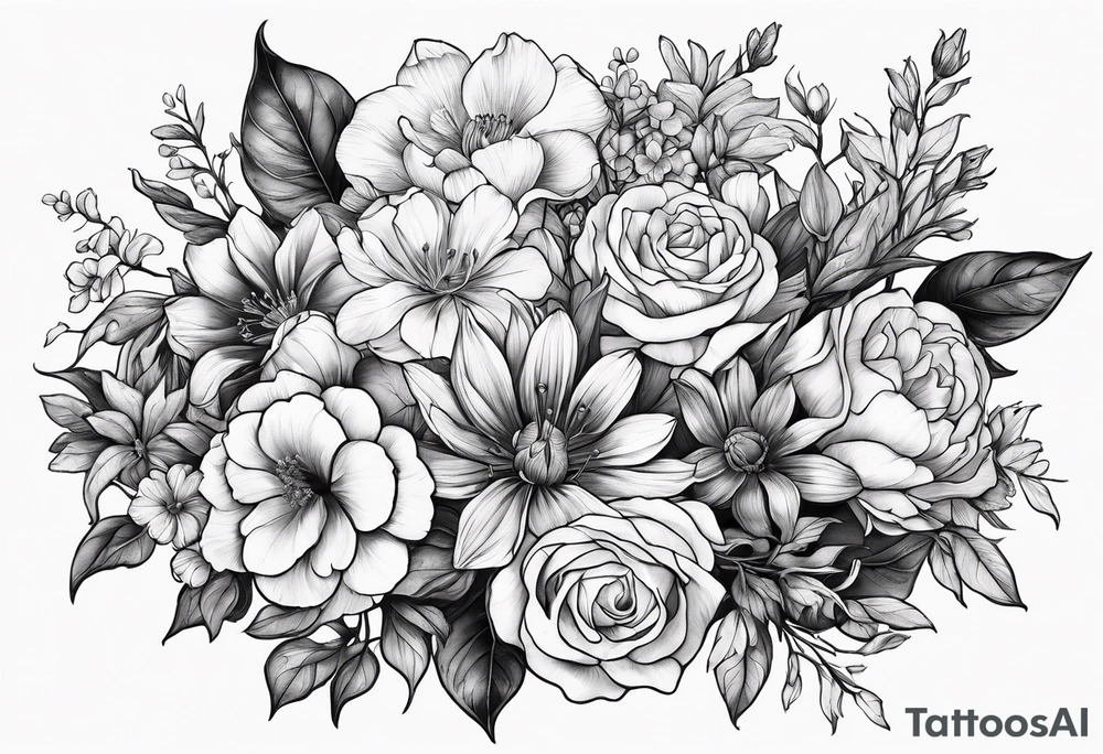 Birth flower bouquet for july april and october fine line tattoo idea