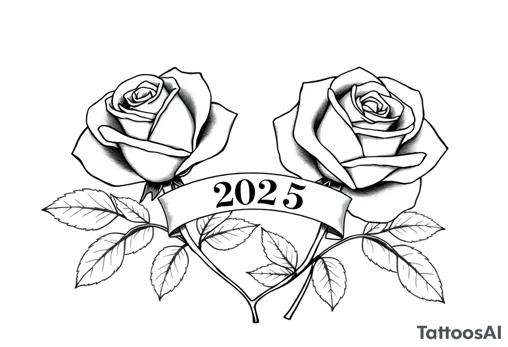 two beautiful large rose buds, one larger than the other, with many leaves next to the rose buds, with one sitting higher than the other. Include a banner connecting the two roses with the year "2025" on it.   Use dark outlines with little shading. The two stems should be short, not long, and connect and join into one stem, whimsically curved or twisted - not straight down. tattoo idea
