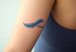 A feathered infinity symbol in shades of light blue and pink, with "Love" appearing as if softly whispered into the design tattoo idea
