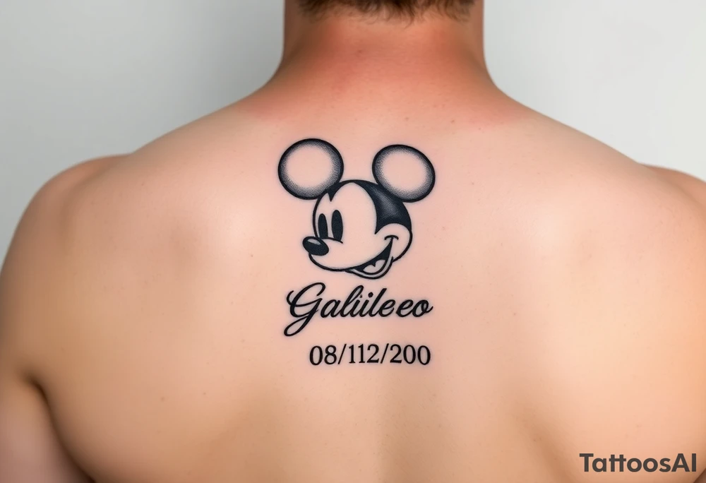 mickey mouse symbol with the name Galileo and the date 08/14/20 incorporated tattoo idea