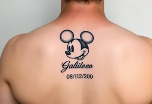 mickey mouse symbol with the name Galileo and the date 08/14/20 incorporated tattoo idea
