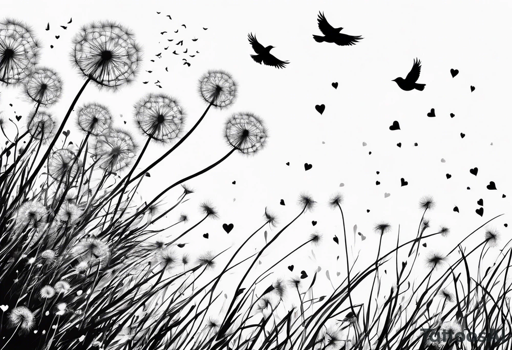 Dandelion, ligules blowing away, a few tiny hearts, little bird flying away to the future tattoo idea