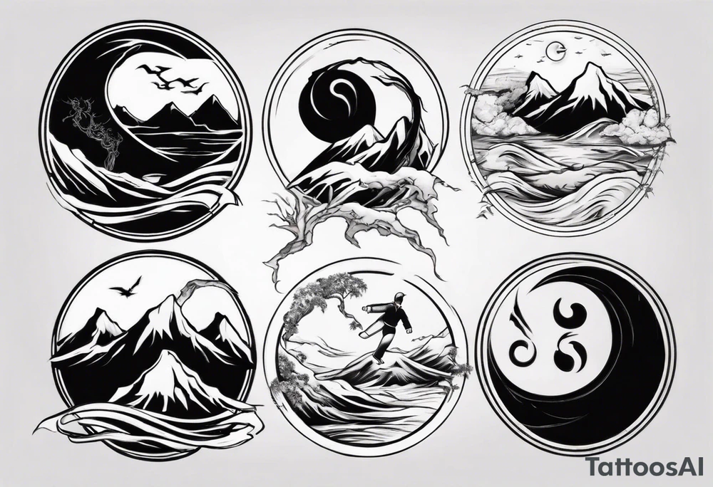 Taekwondo black belt with yin yang night day ocean mountains tattoo idea