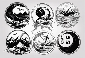 Taekwondo black belt with yin yang night day ocean mountains tattoo idea