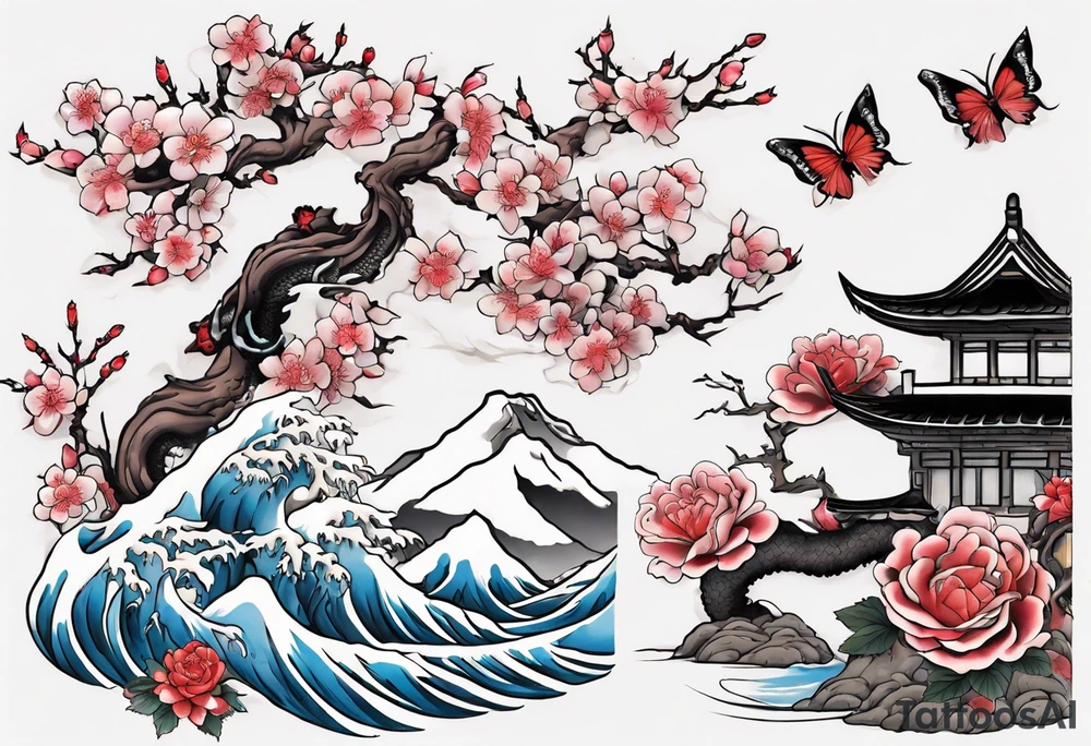 Japanese floral cherry blossom and snow mountains back ground filler for traditional Chinese dragon and great waves and rose and butterfly tattoo tattoo idea