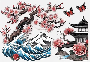 Japanese floral cherry blossom and snow mountains back ground filler for traditional Chinese dragon and great waves and rose and butterfly tattoo tattoo idea