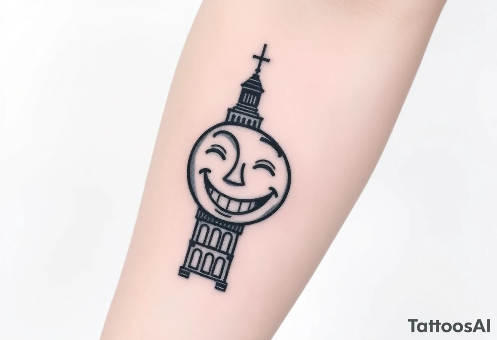 Smile face sad face happy face with clock tower tattoo idea