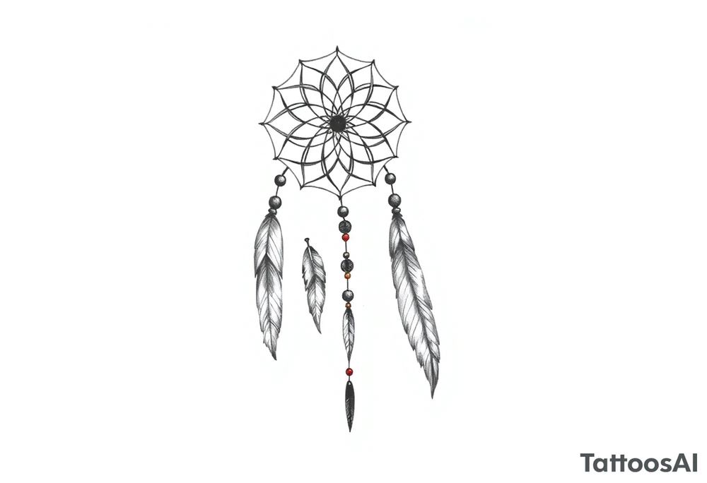 native dreamcatcher with flowing feathers and sacred beads tattoo idea