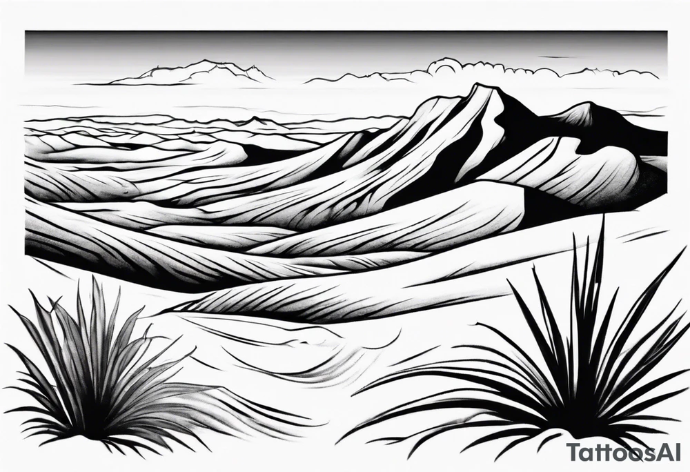 Design a tattoo depicting a distant view of a vast desert landscape with low, undulating sand dunes. tattoo idea