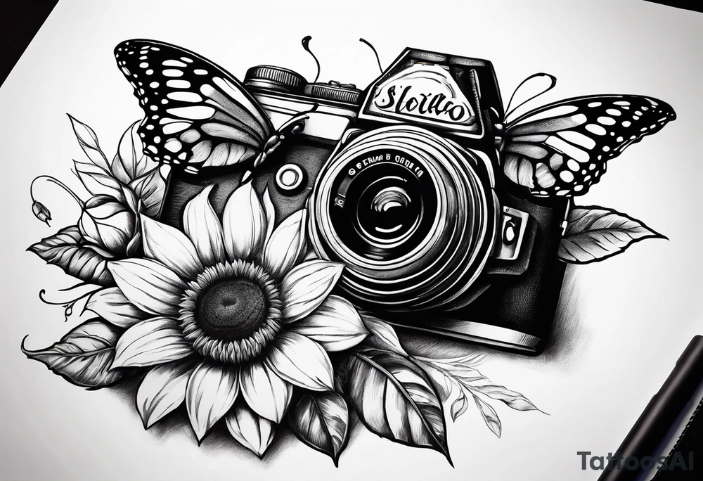 Butterfly, sunflower, camera, book, flower rose tattoo idea Butterfly, sunflower, camera, book, flower rose tattoo idea