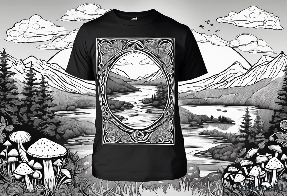 Whole picture encircled fully

Straight long blonde hair hippie girl in distance holding mushrooms in hand facing away toward mountains and creek surrounded by mushrooms long sleeve shirt and hiking pants; whole rendering within a full celtic circle border, no cut off circle tattoo idea