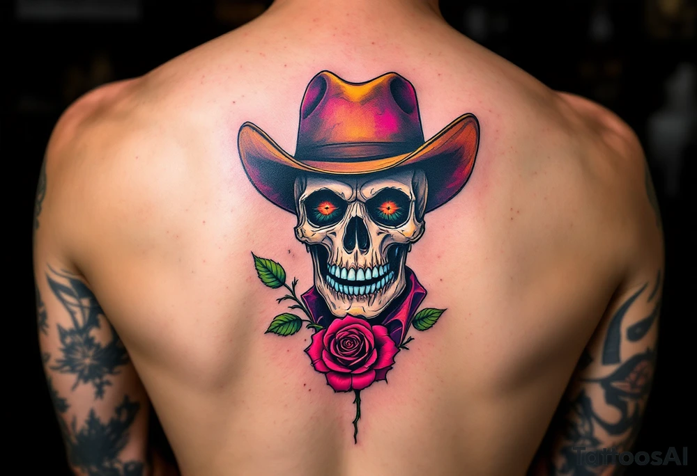 skeleton cowboy with rose in teeth tattoo idea