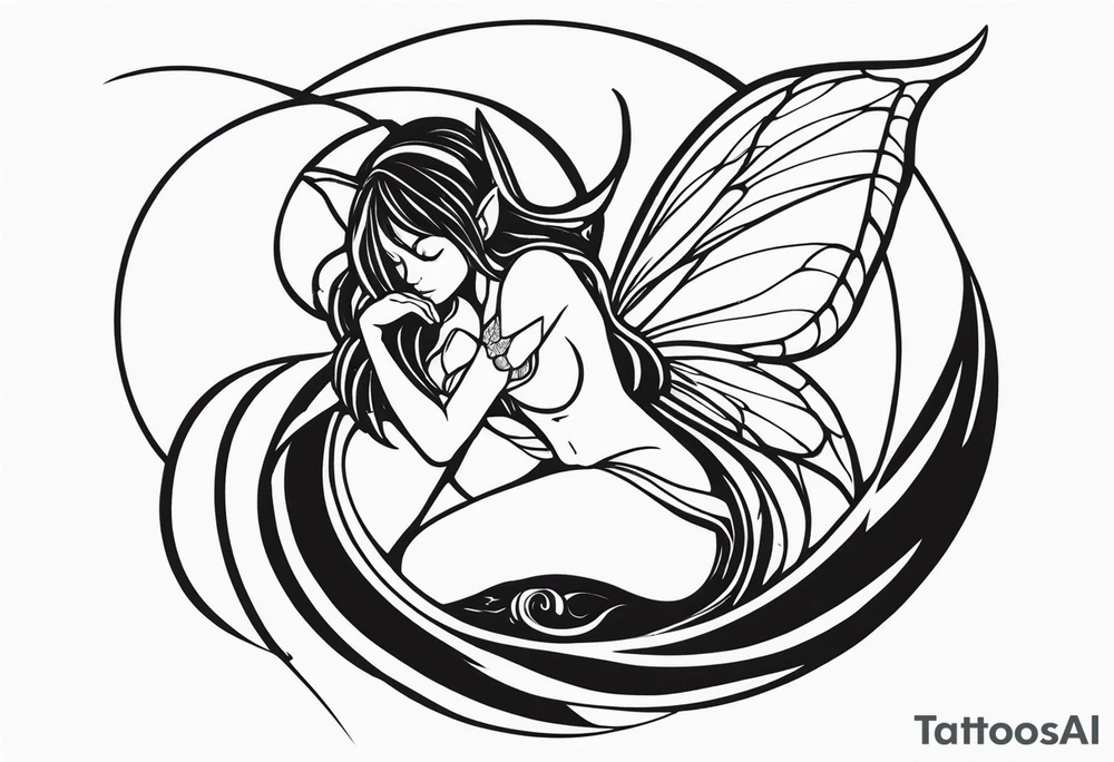 A fairy with a tail inspired by the logo of the show called Fairy Tail in a fetal position leaning in tattoo idea