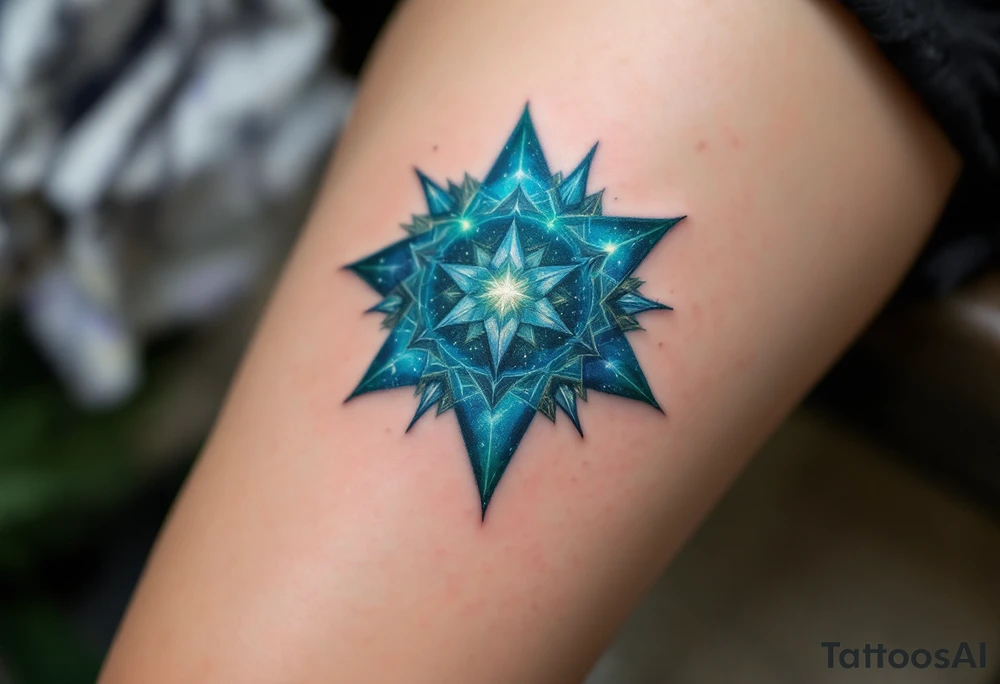 A blue-green Alatyr star rests at the center of the universe, embodying balance and divine order. tattoo idea