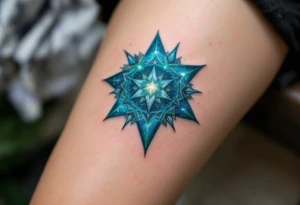 A blue-green Alatyr star rests at the center of the universe, embodying balance and divine order. tattoo idea