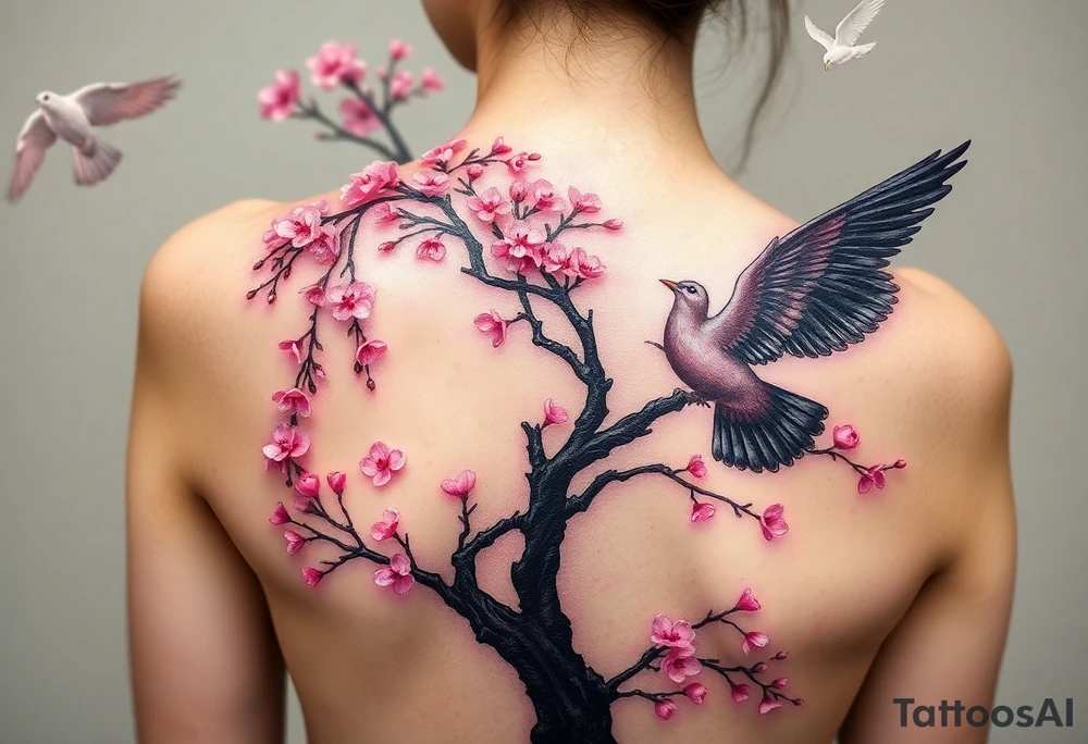 A big pink, weeping tree on the entire back, there are 2 doves. 1 is a flying into the sky. The second one is hovering above the ground that’s turning black like she stained with grief. Goth romance 
These are the dates I want dainty in the heavily overflow of weeping cherry blossom branches and leaves March 31, 2024 – July 2, 2024 tattoo idea