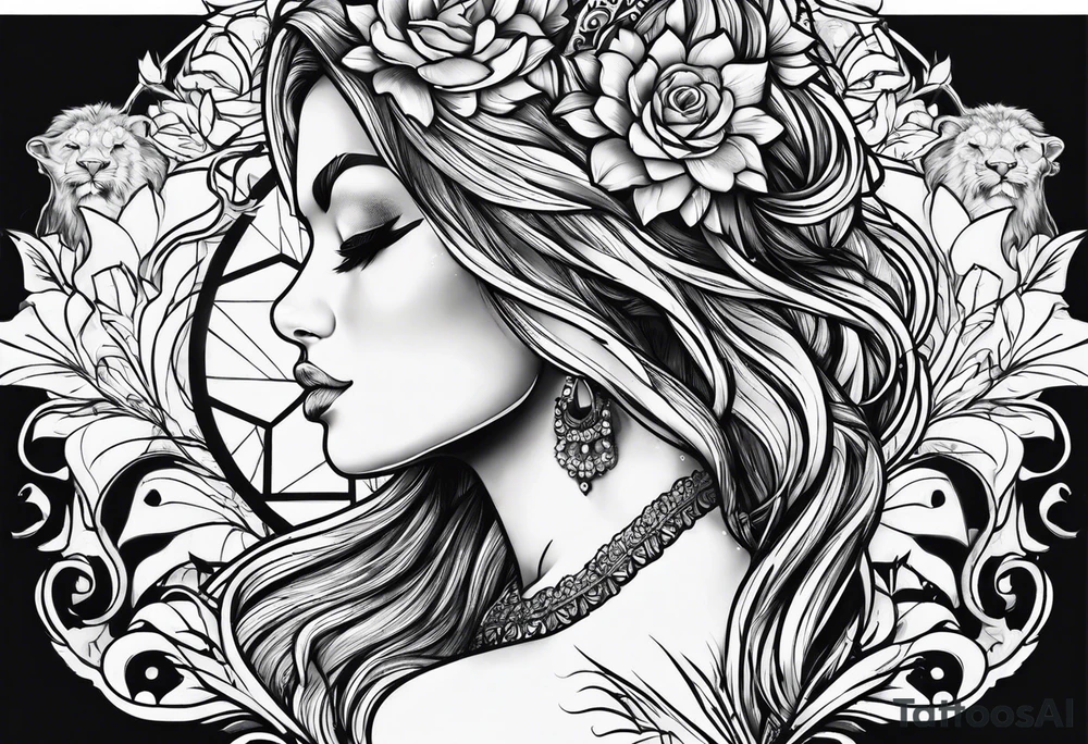 woman tattoo under the sign of a lion tattoo idea