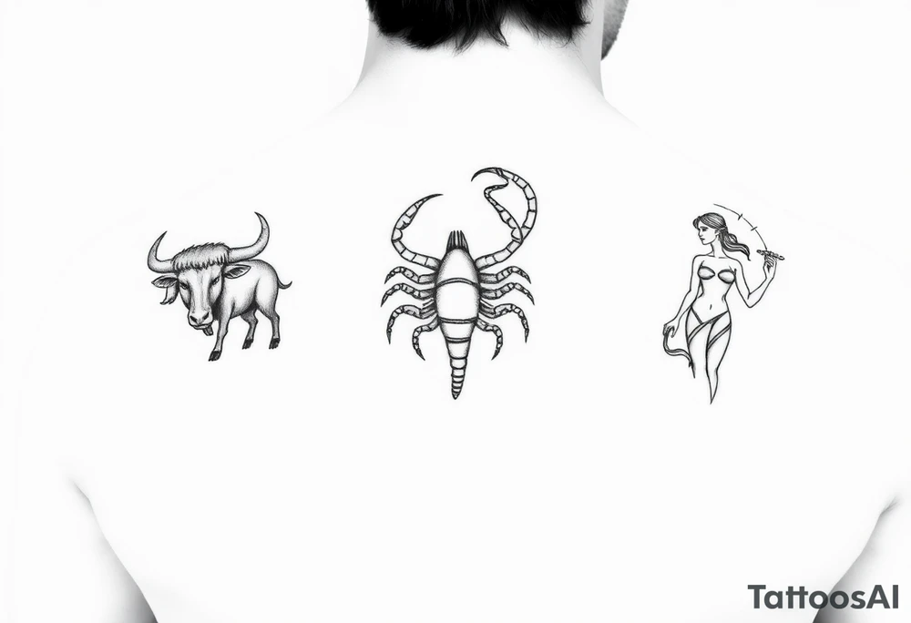 Minimalist tattoo design, featuring three distinct figures: a powerful bull, a stylized scorpion, and a graceful maiden (Virgo), fine line art style, black ink, white background, clean contours, no shading, elegant composition, sophisticated masculine aesthetic, high contrast tattoo idea
