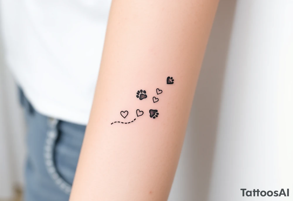 a lineal path of cat paw prints and hearts following the path tattoo idea