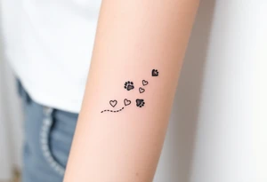 a lineal path of cat paw prints and hearts following the path tattoo idea