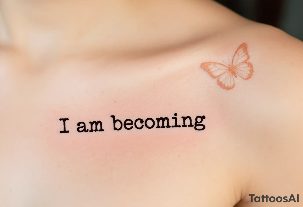 “I am becoming” in sepia brown typewriter font, paired with a butterfly in warm amber tones. tattoo idea