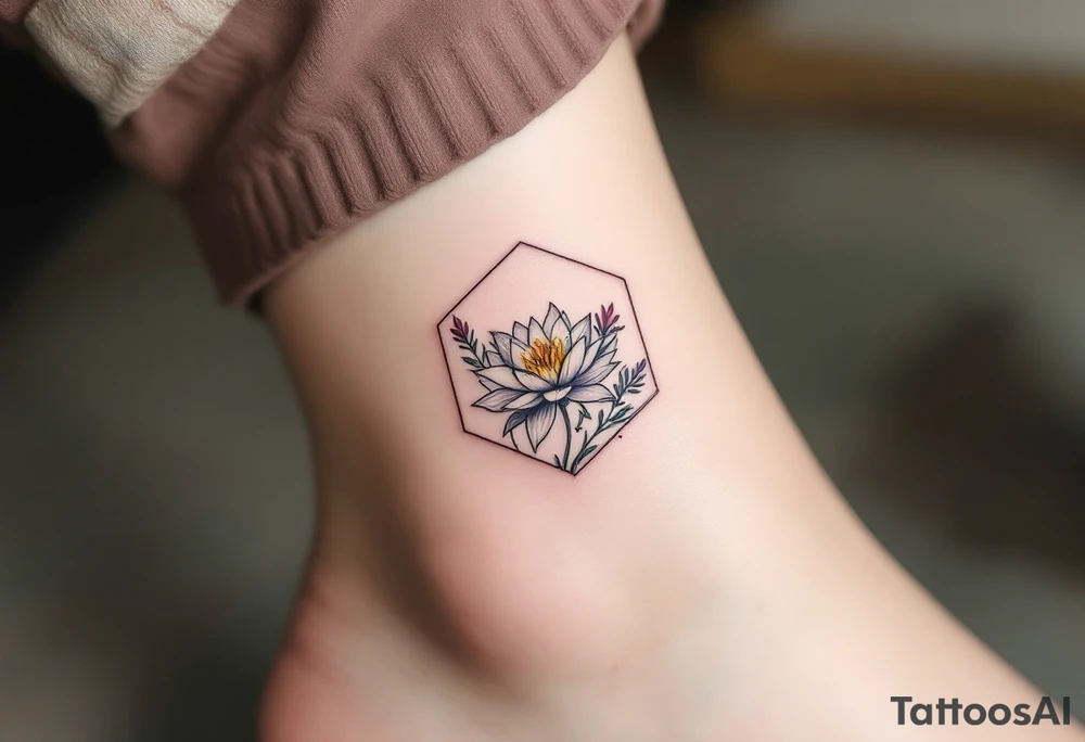 Leo, larkspur and water lily surrounded by a hexagon tattoo idea