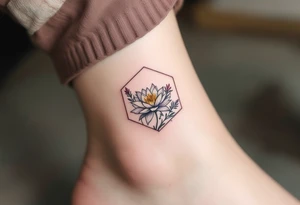 Leo, larkspur and water lily surrounded by a hexagon tattoo idea