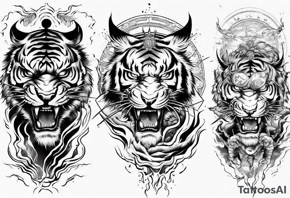 tiger warrior with lightning and the sun for a forearm sleeve tattoo idea