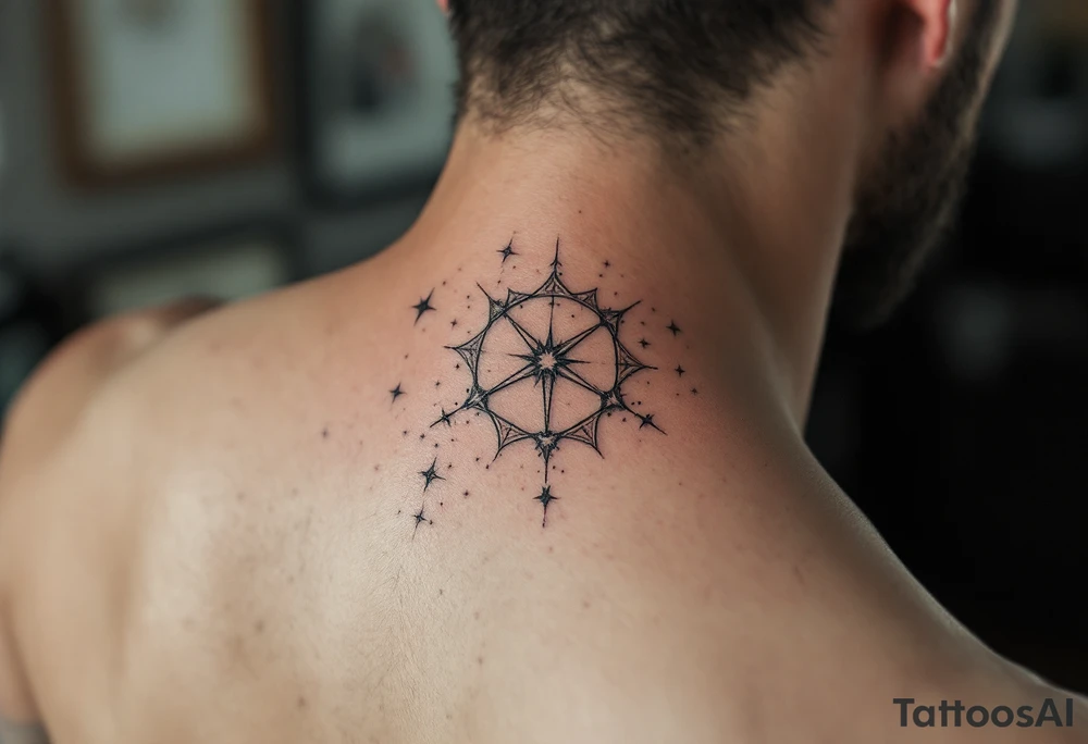 Sagittarius star constellation tattoo in muted grays and whites, placed along the spine. tattoo idea