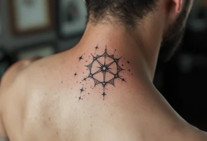 Sagittarius star constellation tattoo in muted grays and whites, placed along the spine. tattoo idea