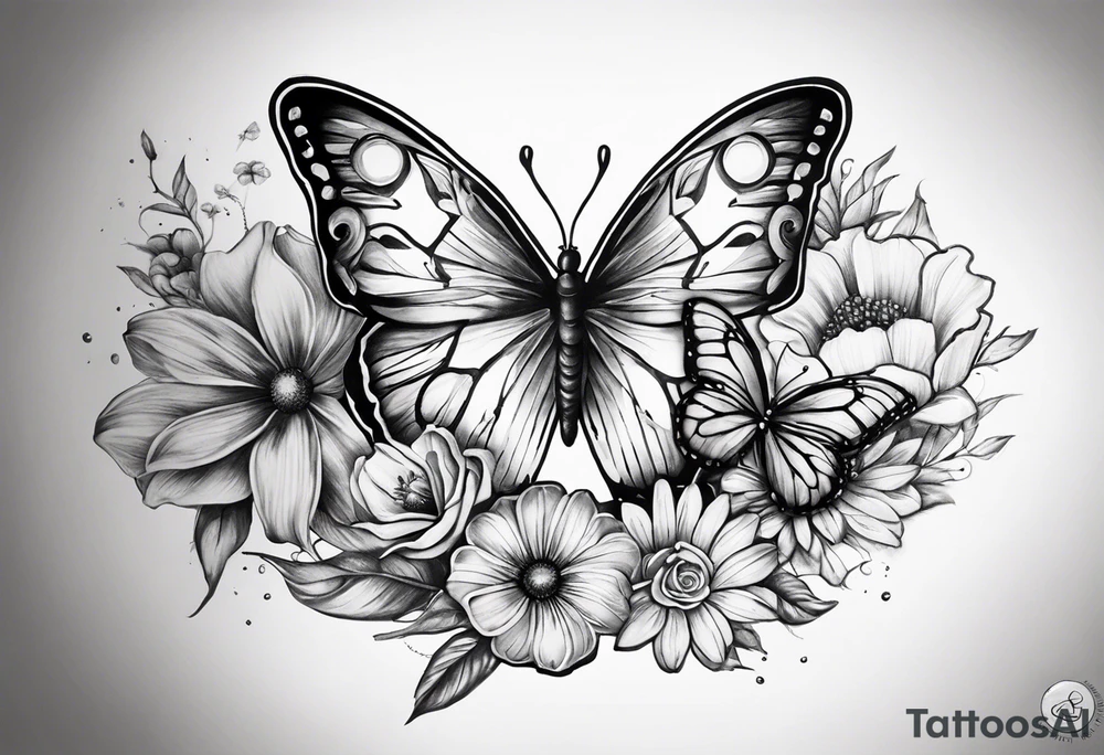 tattoo to represent that I have 3 children (girls). For inspiration I like flowers, the beach. Tattoo is for ribcage down side of body. I don't want images of women or girls in it. I want it pretty. To include daisy flowers and roses and buterfly, the moon tattoo idea