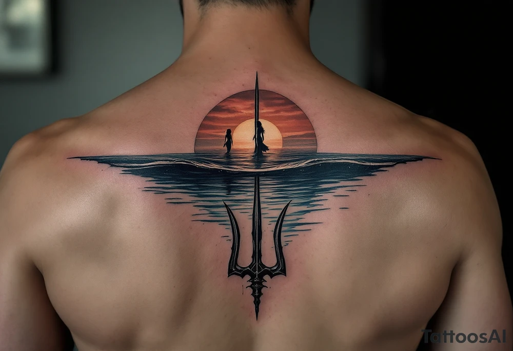 trident half way under calm water with sunset and mermaid tattoo idea