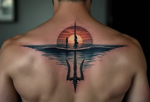 trident half way under calm water with sunset and mermaid tattoo idea
