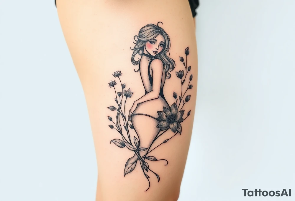 Full thigh tattoo with a sexy fantasy girl and plants tattoo idea
