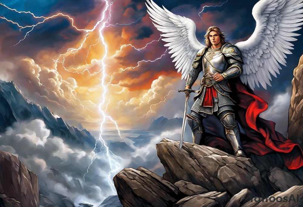 forearm sleeve of michael the archangel with clouds and lightning standing on rocks tattoo idea